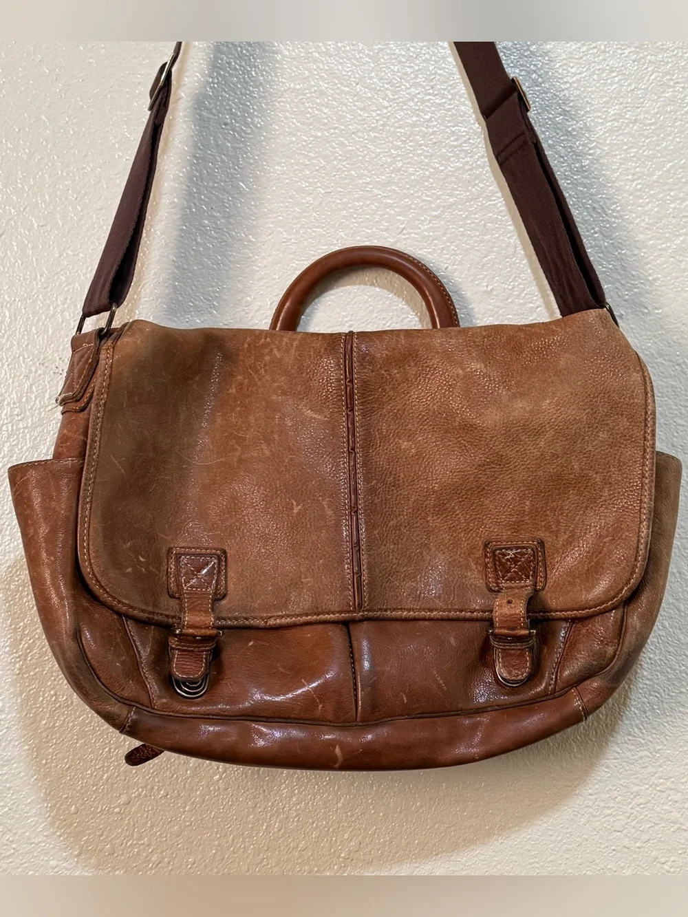 Vtg LL Bean Leather Laptop Messenger Briefcase Bag Tan Brown Expandable Preppy
